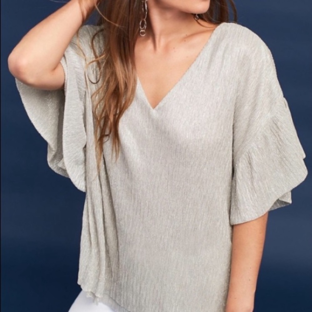 Anthropologie Vanessa Virginia Silver Shimmer Metallic Dolman Sleeve Top EUC